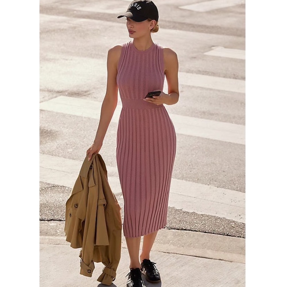 NWT Varley Florian Tank Dress Sz L Knit Midi Woodrose Pink $168 Anthropologie‎